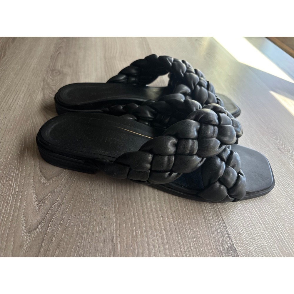 Vionic Womens 9 Black Braided Leather Slide Sandals Square Toe Flat Cross Strap - Picture 2 of 5